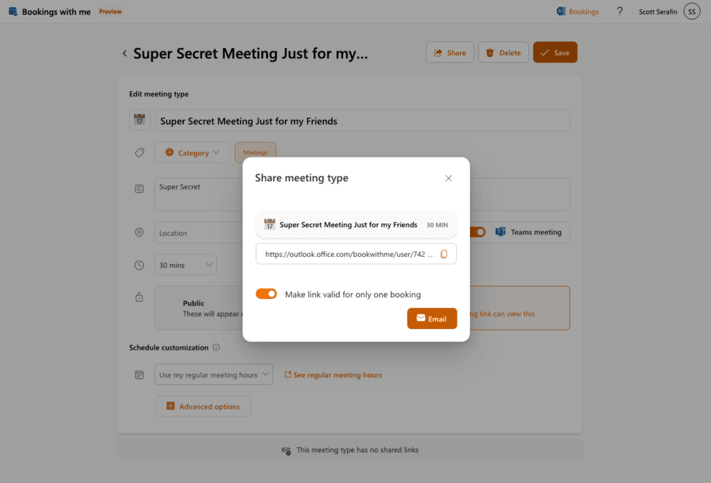 Bookings with me share private meeting